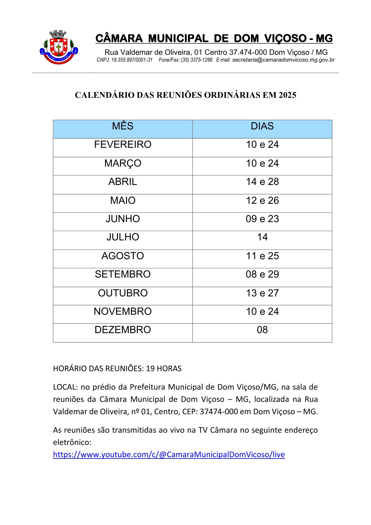 Calendário das Reuniões 2025